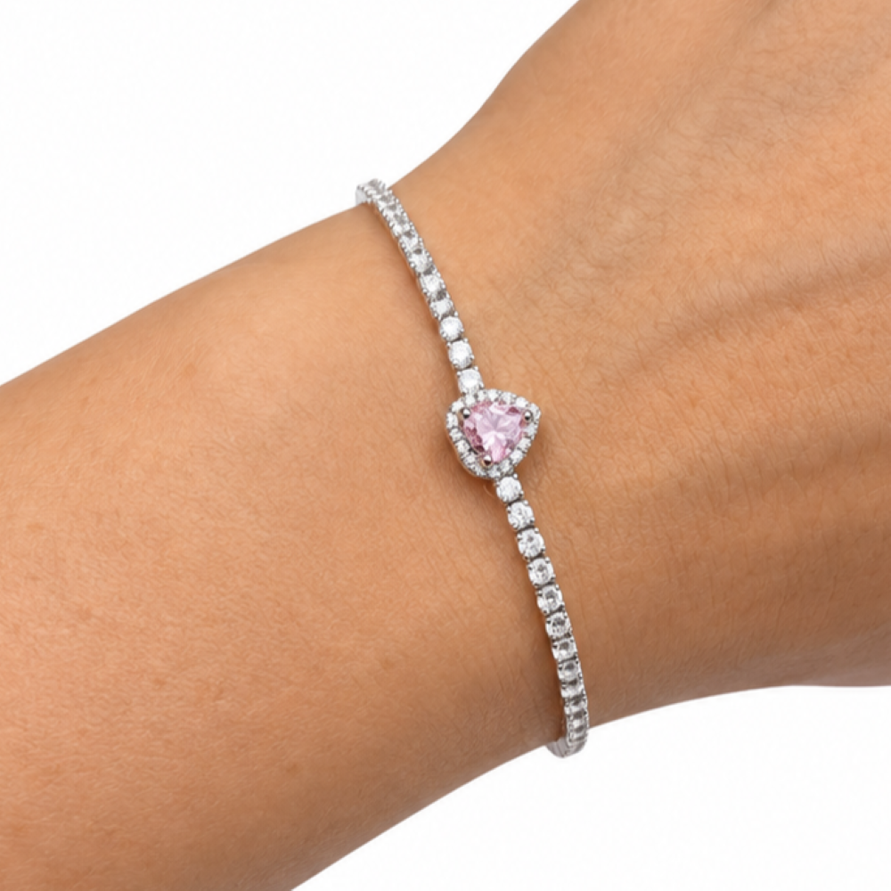 Bracciale Tennis Donna Cuore Rosa Argento 925